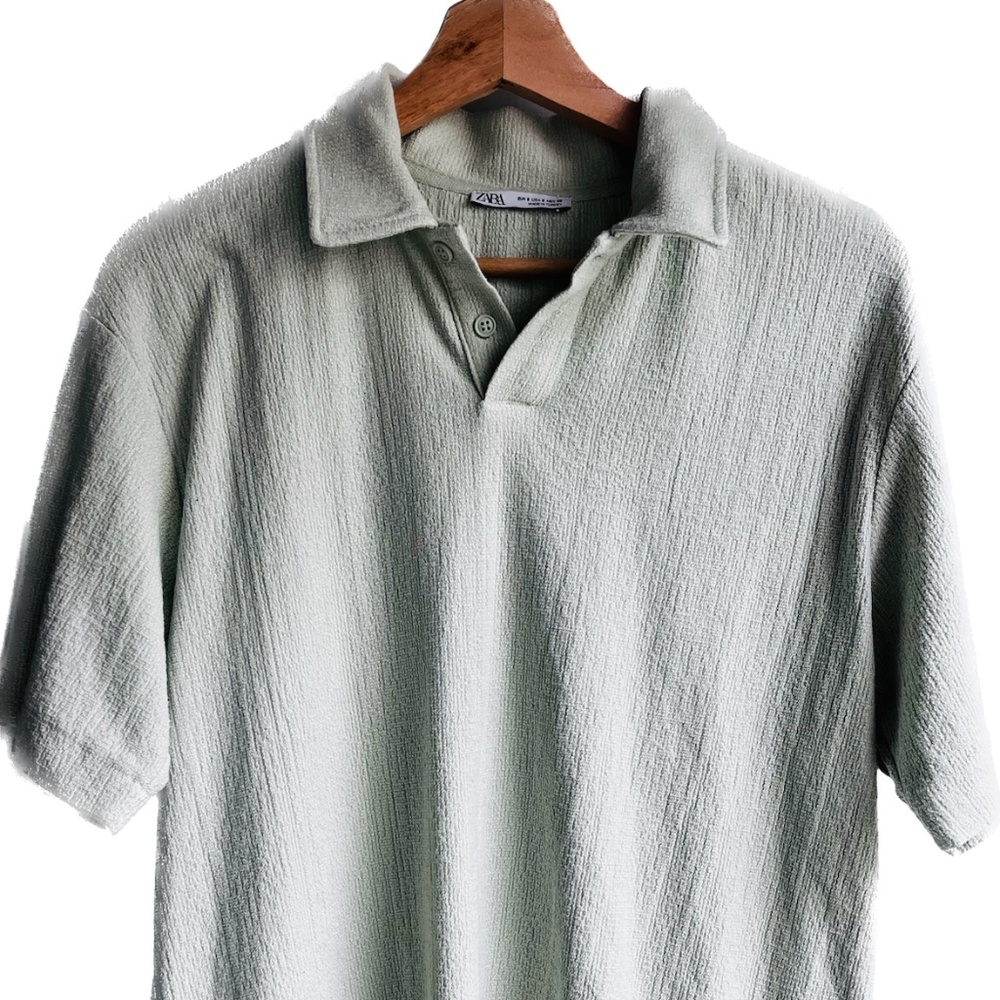 Zara Mens Small Light Green Jacquard Textured Polo Shirt